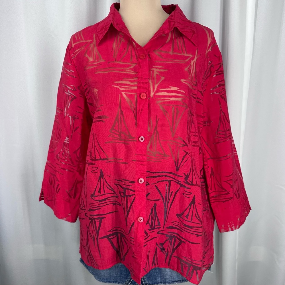 Alfred Dunner Red Burnout Button Top Sz 1X (?) Sailboat Nautical Coastal * READ - Picture 2 of 14